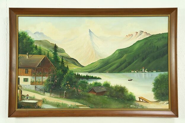 Bavarian Alps Scene with Chalet, Vintage Original Oil Painting photo