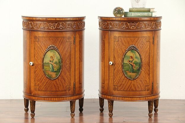 Pair Antique Satinwood Demilune Nightstands or End Tables, Hand Painted #29472 photo