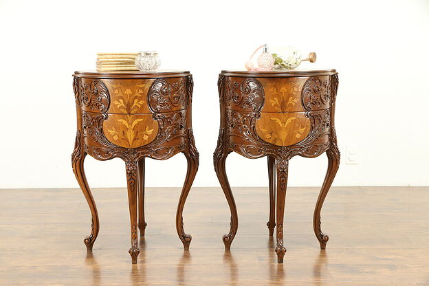 Pair of Round Vintage Carved Marquetry End Tables or Nightstands #31192 photo