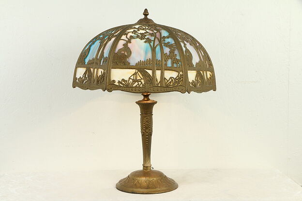 Stained Glass 2 Color Curved Panel Shade Antique Lamp, Filigree #31517 photo