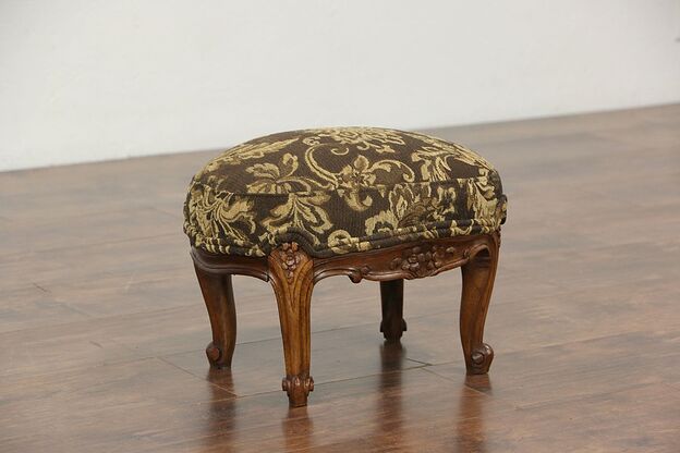 Oval Antique 1900 Carved Footstool, New Upholstery, France photo