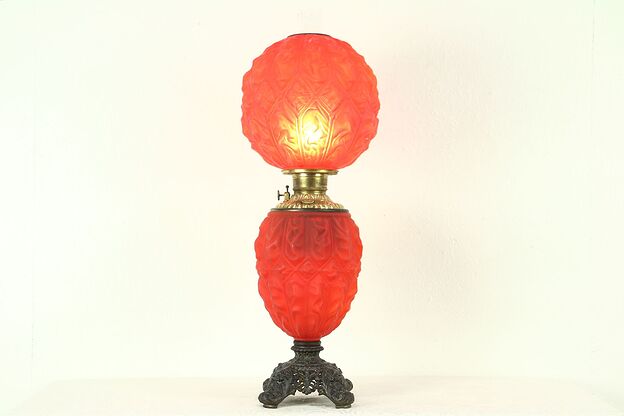 Victorian Antique 1895 Red Quilted Satin Glass Oil Lamp, Electrified photo