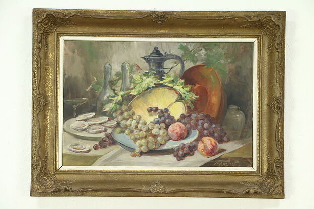 Oysters & Fruit Still Life Antique Oil Painting, Carved Frame, Signed, France photo