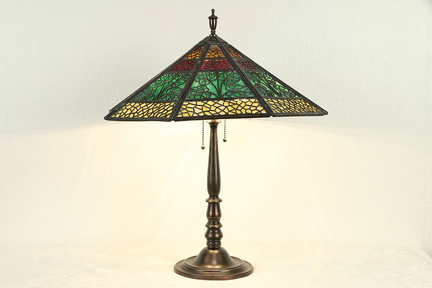 Octagonal 3 Color Stained Glass Shade Antique Lamp, Bradley & Hubbard #31612 photo