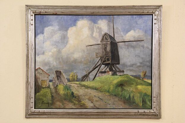Windmill on the Dutch Shore, Signed Original Oil Painting photo