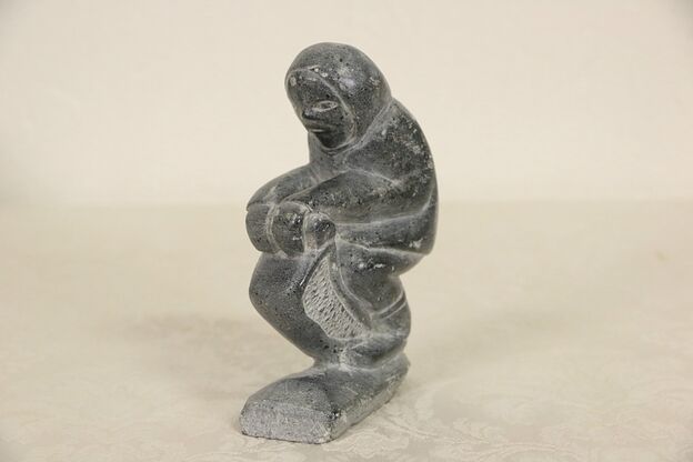 Inuit Hand Carved Soapstone Sculpture of Crouching Woman photo