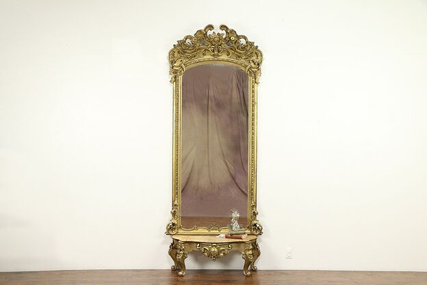 Victorian Antique Gold Leaf 9' Hall or Pier Mirror, No Marble Base #31270 photo