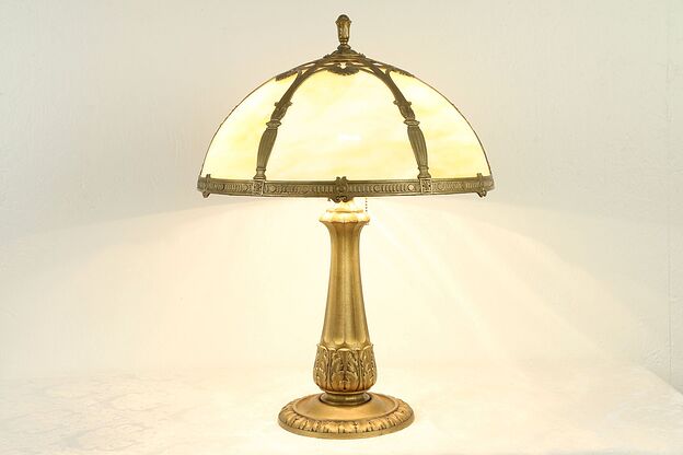 Curved 6 Panel Stained Glass Shade Antique Lamp, Signed Miller #31639 photo