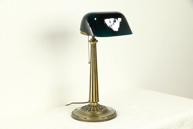 Emeralite Emerald Green 1916 Pat. Antique Brass Banker Desk or Piano Lamp #31964 photo