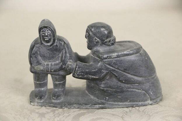 Inuit Hand Carved Soapstone Mother & Child Sculpture photo
