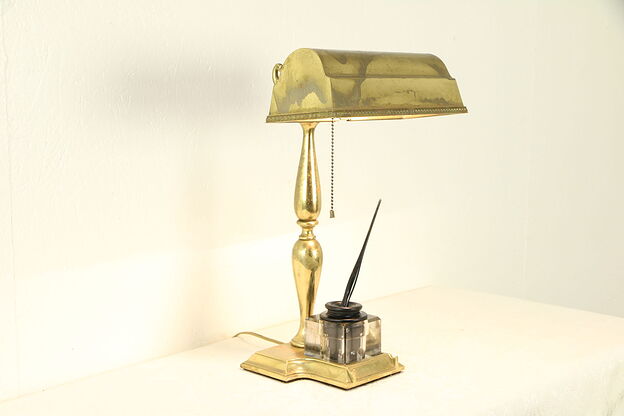 Brass Antique Adjustable Desk Lamp & Sengbusch Inkwell Pat 1907 #30154 photo