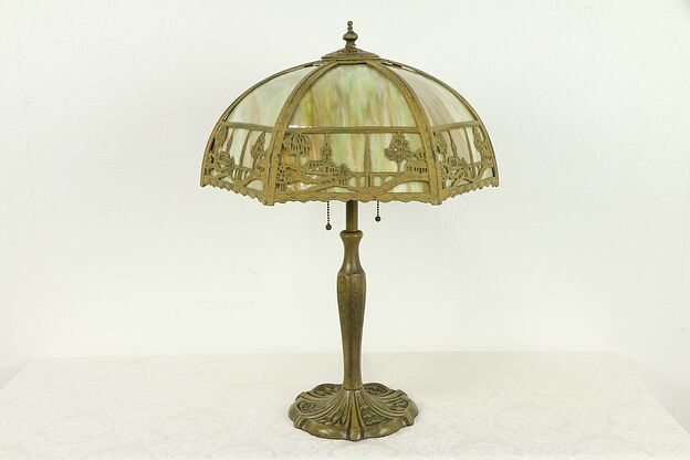 Curved Stained Glass Antique Panel Lamp, River Town Filigree #31329 photo