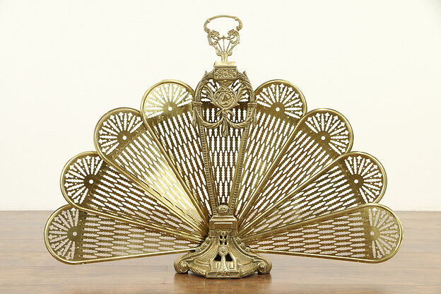 Peacock Fan Brass Vintage Folding Fireplace Screen #31536 photo