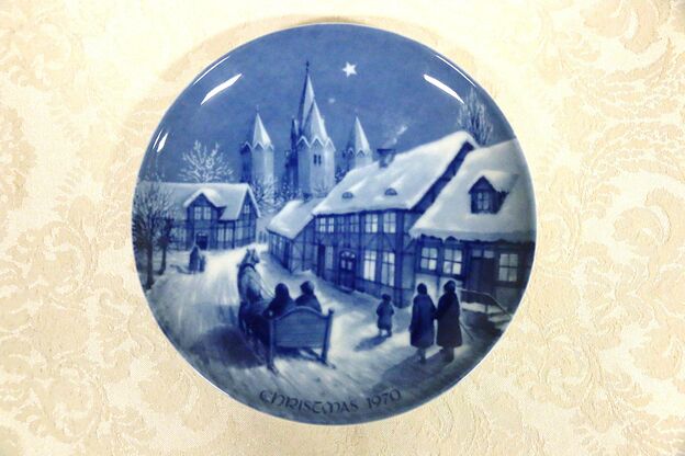 1970 Christmas Plate~Royale Blue Winter China~Midnight Mass at Kalundborg Church photo
