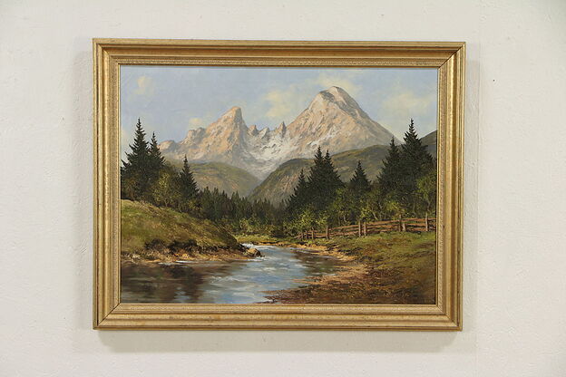 Alpine Mountain Scene, Signed Kurt Moser Original Vintage Oil Painting #29625 photo