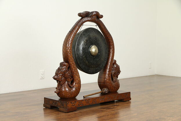 Chinese Antique Bronze Gong, Mahogany Stand, Hand Carved Serpents #31363 photo