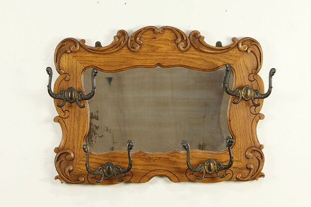 Victorian Antique Oak Hall Mirror, Coat & Hat Hooks #31970 photo