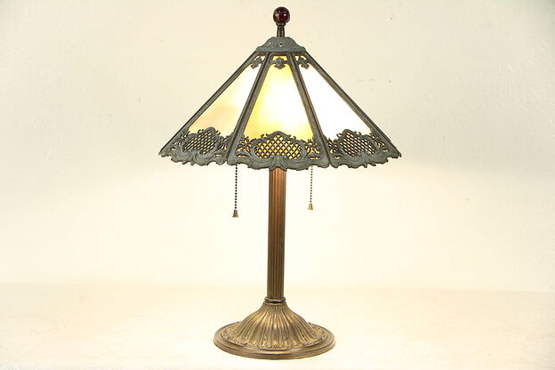 Lamp with Antique Stained Glass & Filigree Shade, Glass Marble Finial #29771 photo