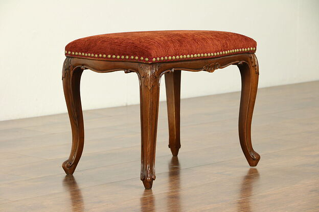 French Carved Walnut Antique Bench or Stool, New Upholstery #30429 photo