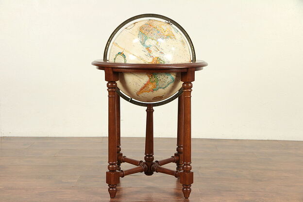 Globe of the World, Vintage Oak Stand, Signed Replogle and Ethan Allen #30040 photo