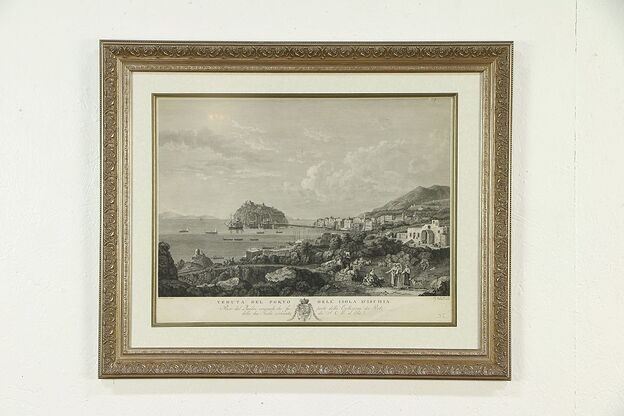 Port of Ischia, Italy Antique 1820 Engraving, New Custom Frame #30085 photo