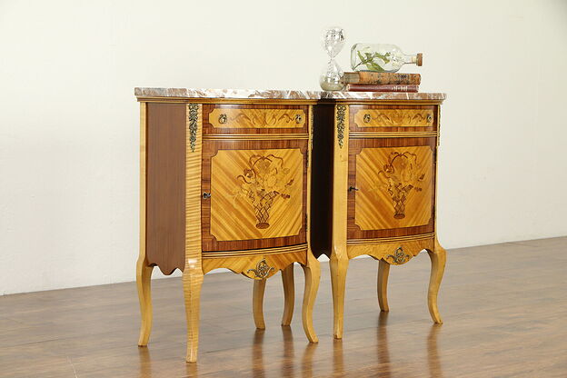 Pair of Rosewood Marquetry Nightstands or Lamp Tables, Marble Tops #31569 photo