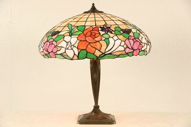Leaded Stained Glass Shade 1915 Antique Table Lamp photo
