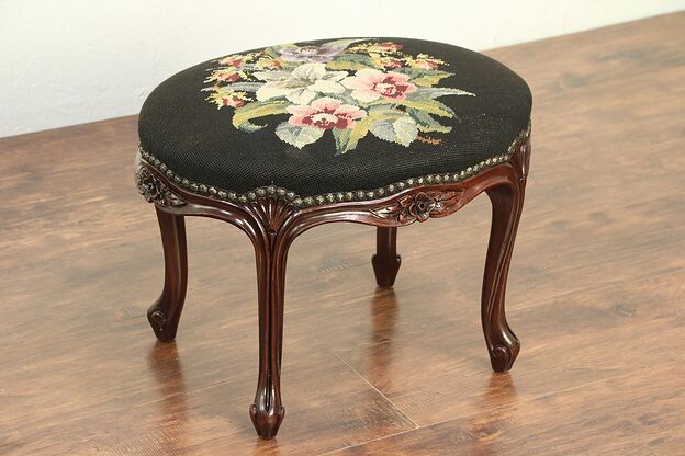 Oval Antique Walnut Bench or Footstool, Needlepoint Upholstery #29063 photo