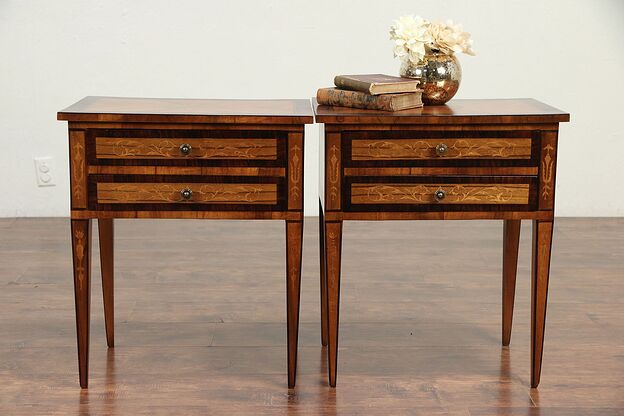 Pair Italian Vintage Rosewood Inlaid Marquetry Nightstands or End Tables #29969 photo