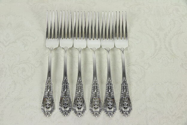 Set of 6 Sterling Silver 7" Dinner Forks, Rose Point by Wallace #30133 photo