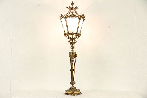 Bronze Vintage Lantern Table Lamp, Ram Heads, Cut Glass Shade #29790 photo