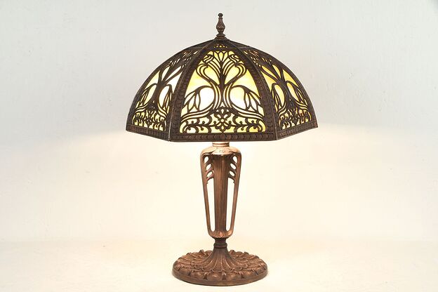 Stained Glass Curved Panel Filigree Shade Antique Lamp #30794 photo