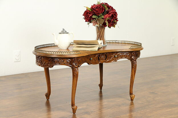 French Style Kidney Shape Vintage Coffee Table, Marquetry, Gallery, Smyth #31255 photo