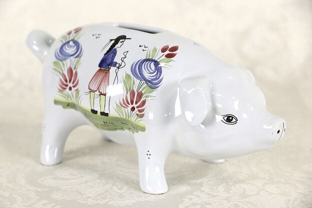 Piggy Bank, Hand Painted, Quimper Signed Brittany, France photo