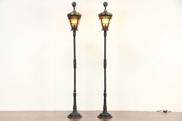 Pair Iron, Brass, Stained Glass Vintage Floor Lamps, Torchieres, Lanterns #29598 photo