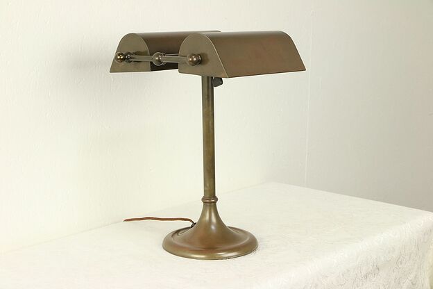 Double Partner Antique 1910 Desk Lamp, Patinated Brass #30589 photo