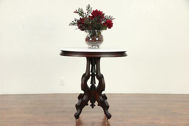 Victorian Oval Antique Walnut Lamp or Parlor Table, Marble Top #30066 photo