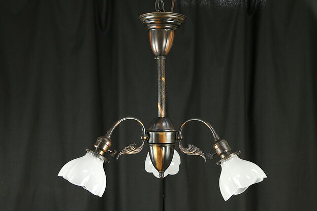 Victorian Antique Light Fixture, Original Copper Finish & Etched Shades #30933 photo