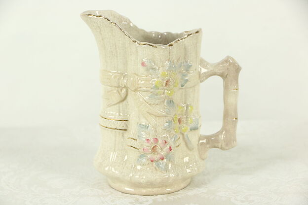 Majolica Hand Painted Pitcher 6 1/2" Tall, Flowers photo