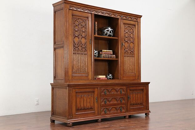 Dutch Gothic Carved Oak Antique Oak Bookcase or China Cabinet #30019 photo