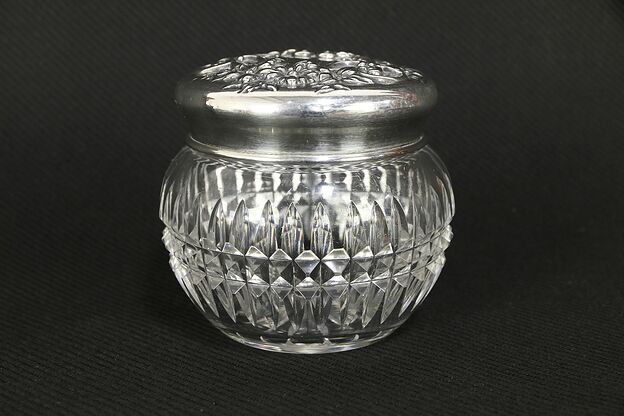 Victorian Antique Cut Glass Boudoir Jar, Sterling Silver Lid #30223 photo