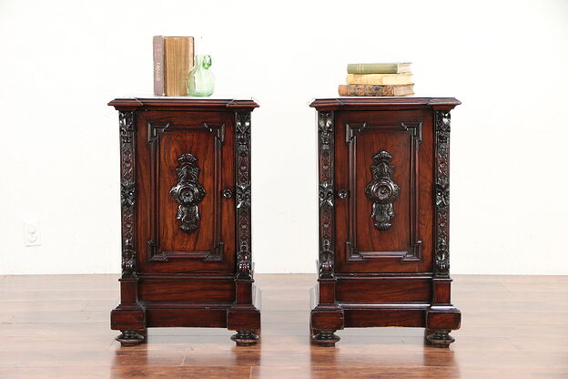 Pair of Italian Rosewood Antique Nightstands or End Tables, Marble Tops #30055 photo