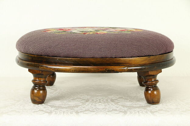 Oval Antique Footstool, Hand Stitched Needlepoint Upholstery #32062 photo