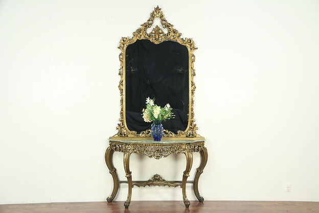 Bronze & Gold Antique Carved Hall Mirror, Marble Top Console Set, Italy  #29013 photo