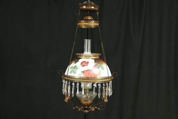 Victorian Antique Hanging Oil Lamp, Hand Painted Floral Glass Shade photo