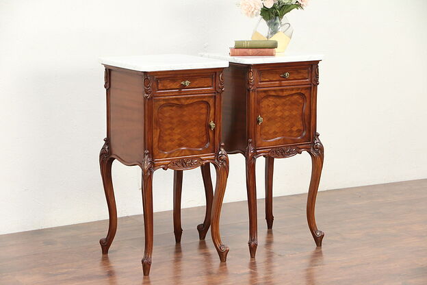 Pair French Antique Carved Mahogany Nightstands, Marble Tops #29591 photo