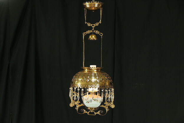 Victorian 1880 Antique Hanging Lamp Brass Shade Light Fixture, Electrified photo