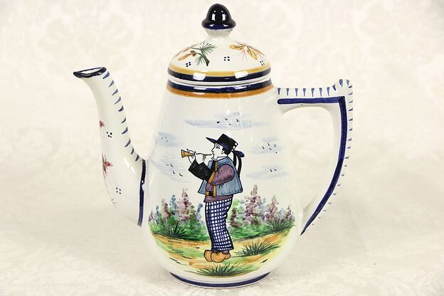 Quimper Signed Hand Painted Coffee Pot & Lid, Brittany France photo