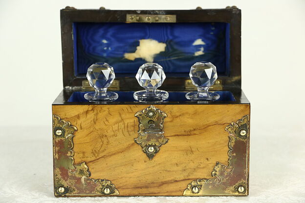 English 1870 Antique Perfume or Scent Bottle Travel Set, Olivewood Case photo