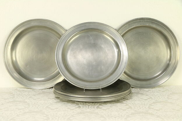 Set of 8 Vintage 12" Pewter Service Plates or Chargers, Signed Colonial #30365 photo